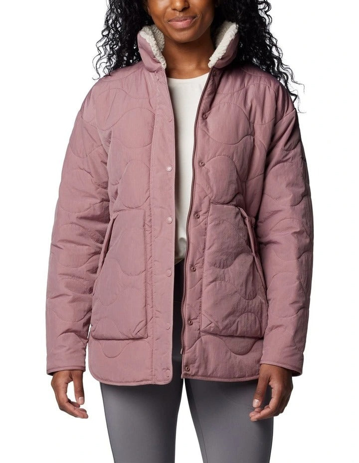 Columbia Birchwood II Quilted Jacket in Fig with Sherpa lining, water-resistant shell, and zippered pockets