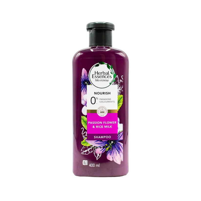 Herbal Essences Shampoo Nourish Passion Flower & Rice Milk 400ml for soft, smooth, and nourished hair