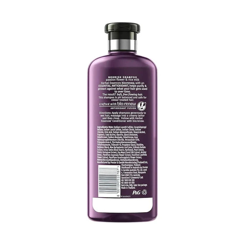 Herbal Essences Shampoo Nourish Passion Flower & Rice Milk 400ml for soft, smooth, and nourished hair
