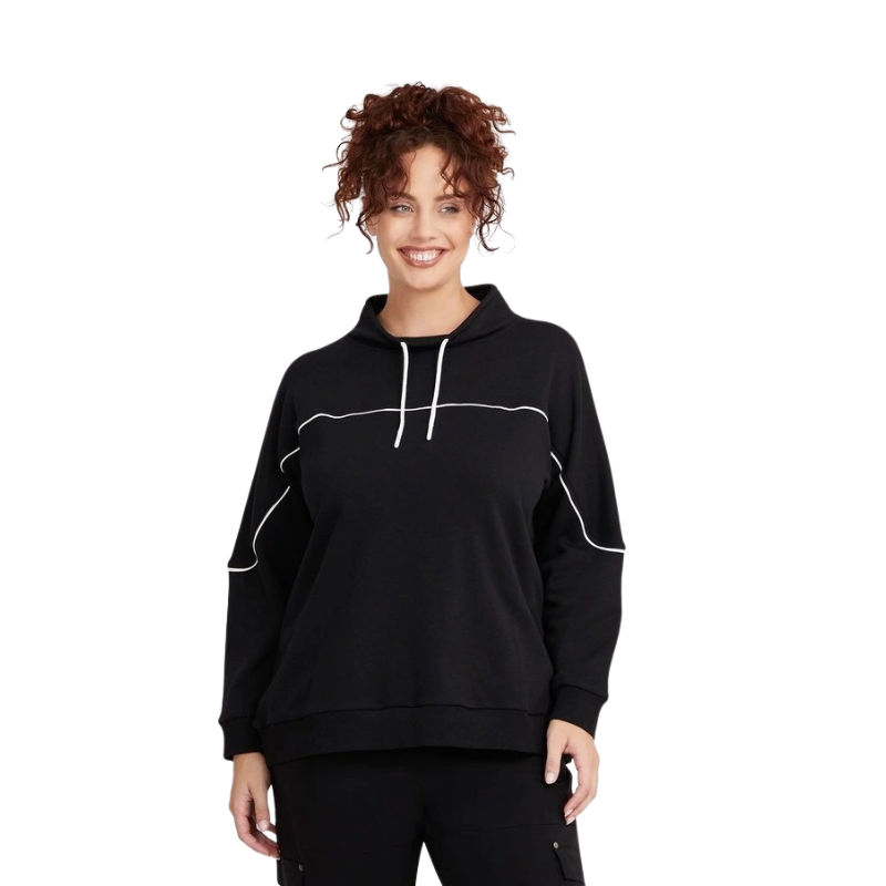 Taking Shape Active Mock Neck Top in Black with cords, ribbed cuffs, thumbholes, and flattering piping detail for plus size comfort and style.
