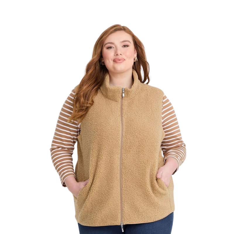 Taking Shape Teddy Vest in Camel – plus size women’s sleeveless teddy textured vest with zip front and side pockets