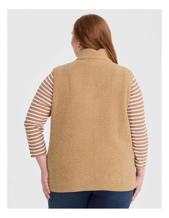 Taking Shape Teddy Vest in Camel – plus size women’s sleeveless teddy textured vest with zip front and side pockets