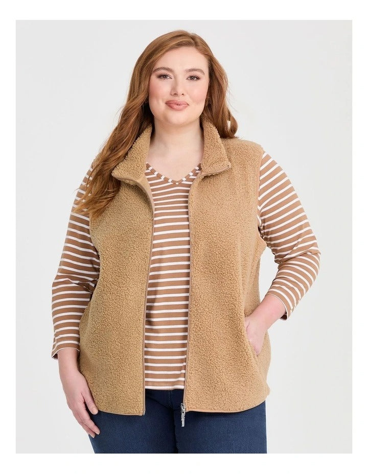 Taking Shape Teddy Vest in Camel – plus size women’s sleeveless teddy textured vest with zip front and side pockets