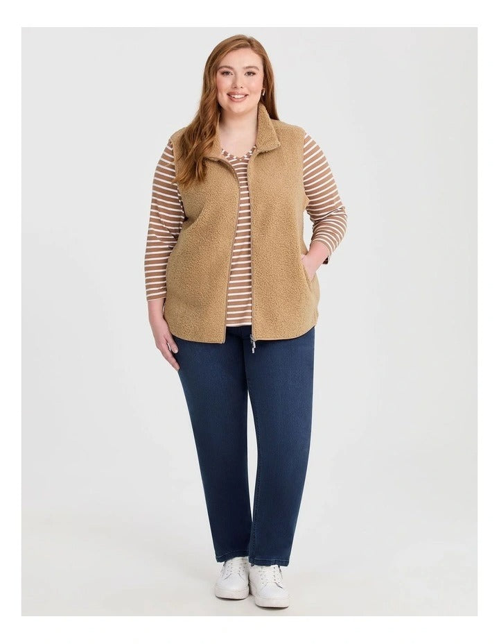 Taking Shape Teddy Vest in Camel – plus size women’s sleeveless teddy textured vest with zip front and side pockets