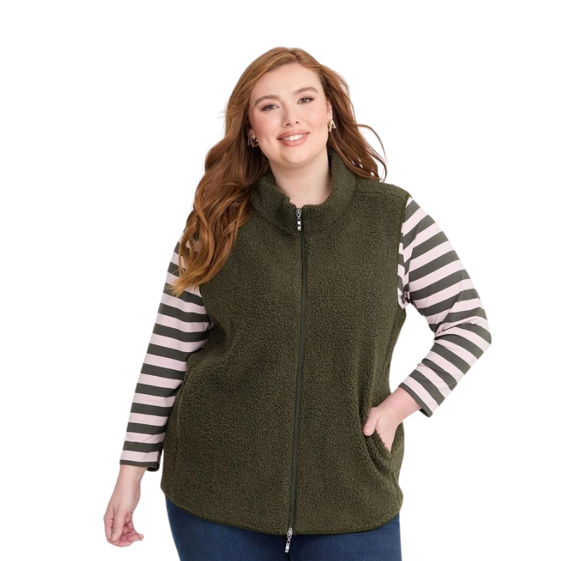 Taking Shape Teddy Vest in Olive with plush teddy fabric, zip closure, high neckline, and side pockets for plus size layering and winter style.