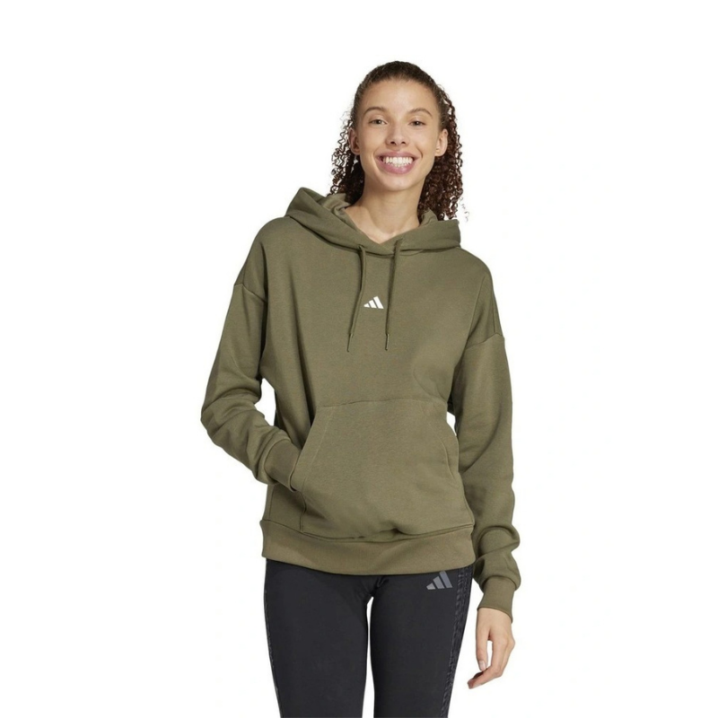 Adidas Essentials Small Logo Feel Cozy Hoodie in green cotton recycled polyester fleece with chest logo