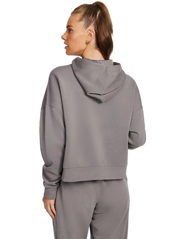 Rockwear Travel Hip Half Zip Hoodie in Almond, women's cozy hoodie with front pockets, relaxed fit, and hip-length silhouette for comfort and style.
