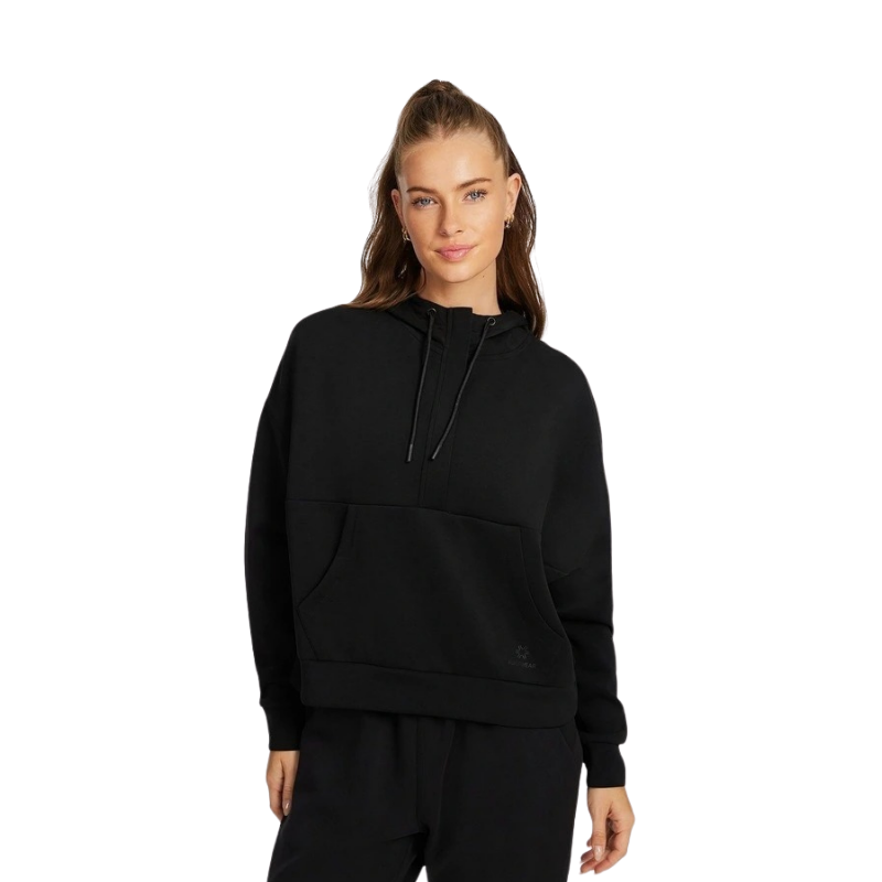 Rockwear Travel Hip Hood Half Zip in Black, featuring a cozy hood and front pockets for a relaxed, stylish look.