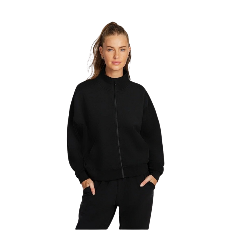 Rockwear Travel Zip Through in Black featuring cozy funnel neck and side pockets for stylish cold-weather wear.
