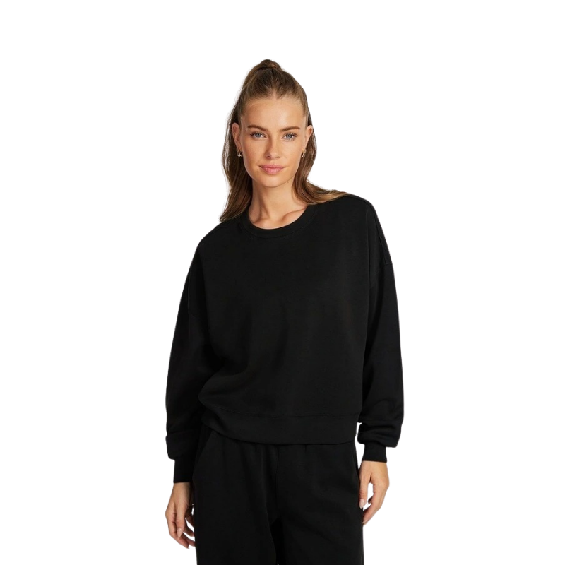 Rockwear Travel Hip Length Crew Sweater in Black, women’s relaxed fit, long sleeve sweater for everyday comfort and style.