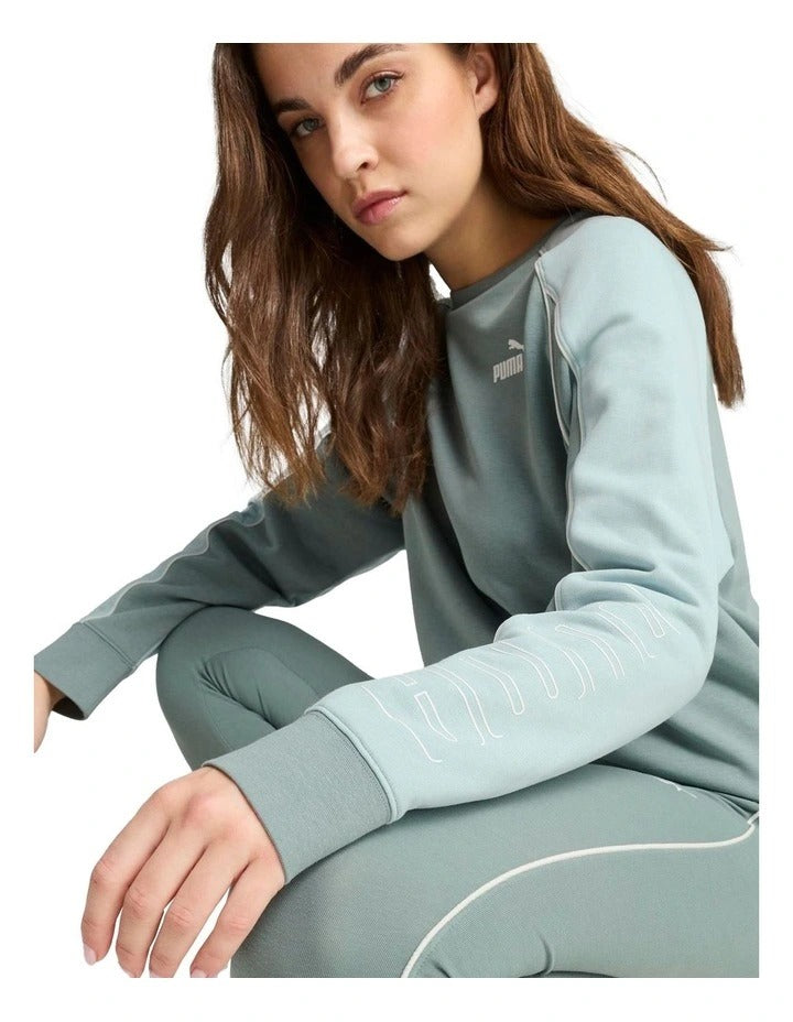 Puma Sport Relaxed Crew Jumper with cotton and recycled polyester blend, featuring No.1 logo rubber print, piping details, and ribbed neck and cuffs