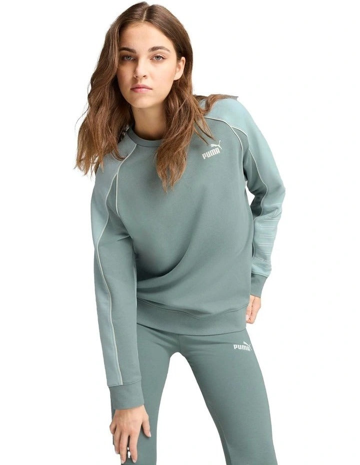 Puma Sport Relaxed Crew Jumper with cotton and recycled polyester blend, featuring No.1 logo rubber print, piping details, and ribbed neck and cuffs