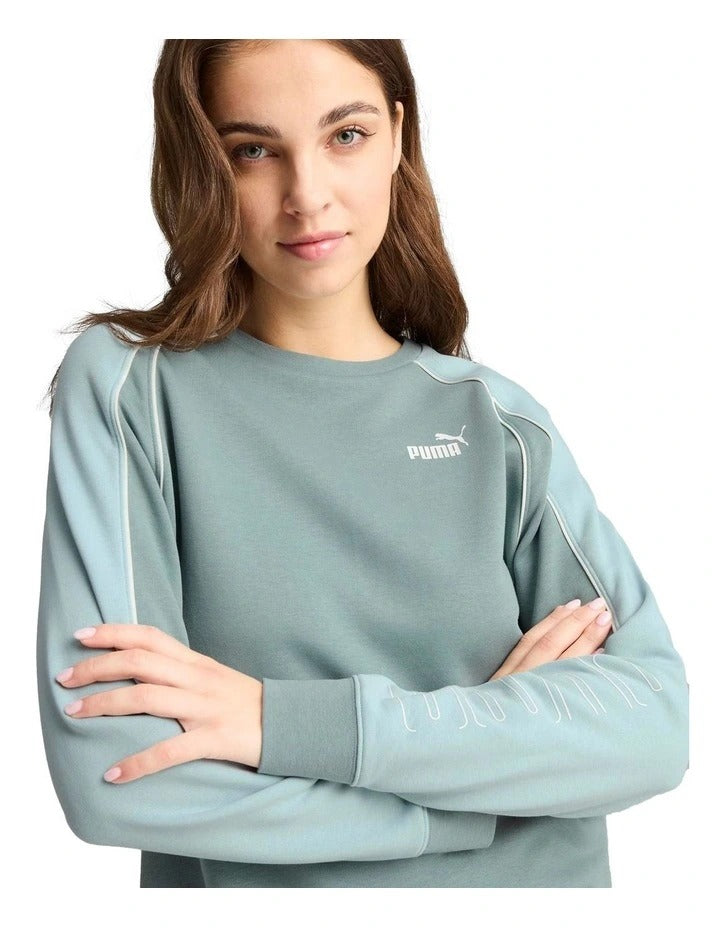 Puma Sport Relaxed Crew Jumper with cotton and recycled polyester blend, featuring No.1 logo rubber print, piping details, and ribbed neck and cuffs