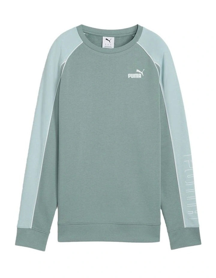 Puma Sport Relaxed Crew Jumper with cotton and recycled polyester blend, featuring No.1 logo rubber print, piping details, and ribbed neck and cuffs