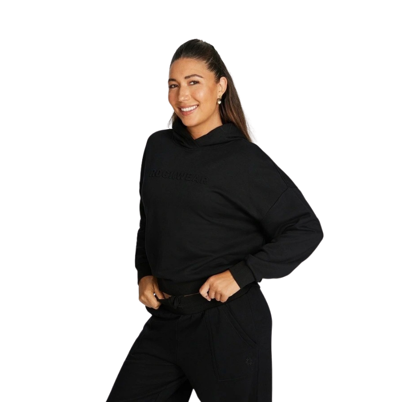Rockwear Plush Fleece Hoodie in Black, women's soft, cozy, and relaxed-fit fleece hoodie for winter layering and casual wear.
