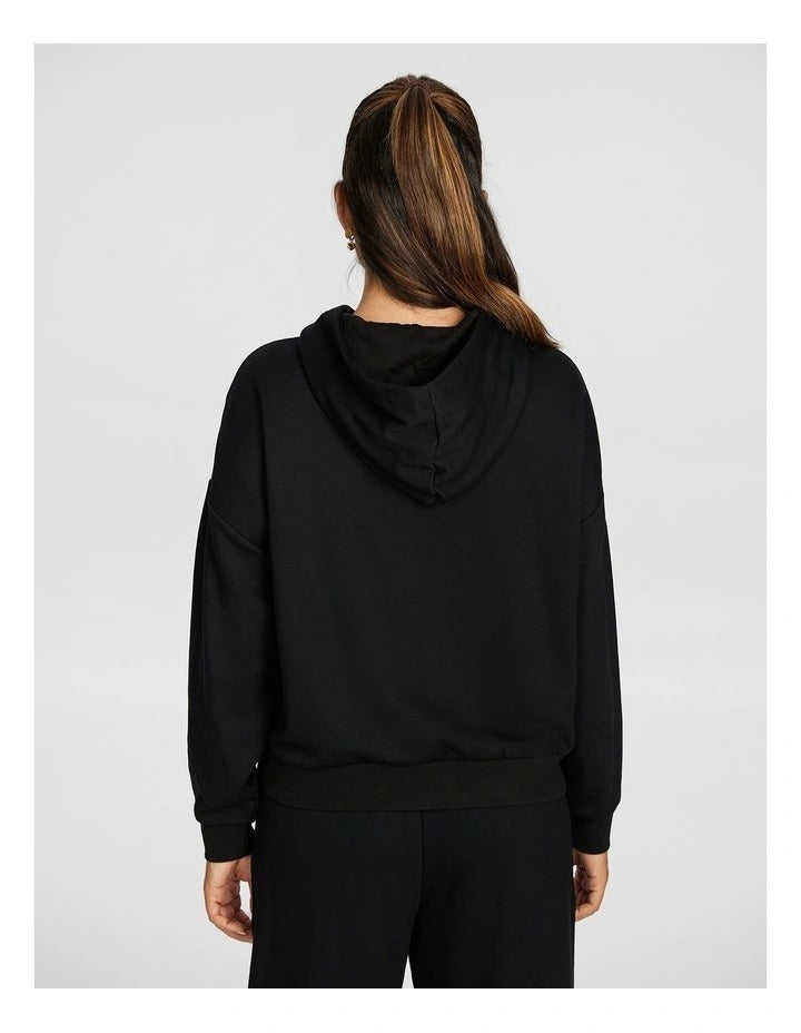 Rockwear Plush Fleece Hoodie in Black, women's soft, cozy, and relaxed-fit fleece hoodie for winter layering and casual wear.