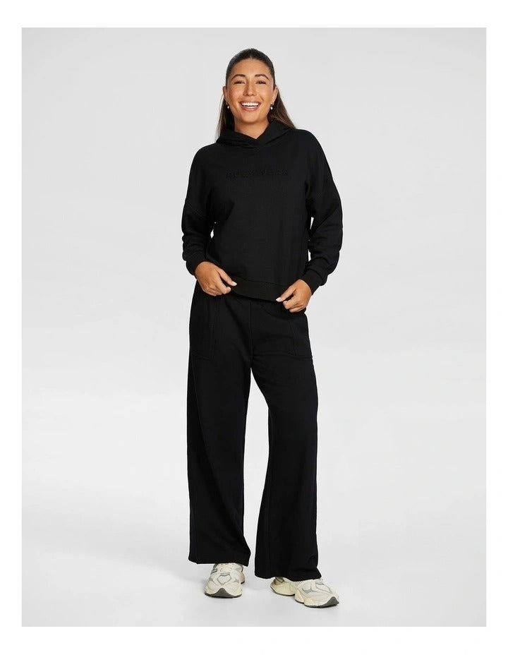 Rockwear Plush Fleece Hoodie in Black, women's soft, cozy, and relaxed-fit fleece hoodie for winter layering and casual wear.
