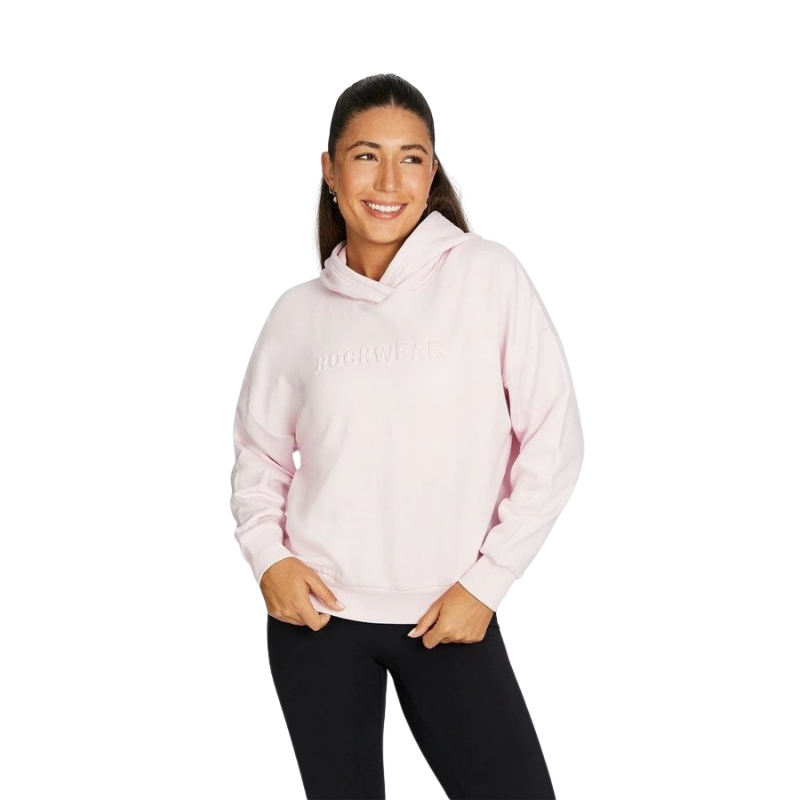 Rockwear Plush Fleece Hoodie in Pink Gin, women’s cozy fleece hoodie with relaxed fit, hip-length design, and soft fabric for comfort during workouts or casual wear.