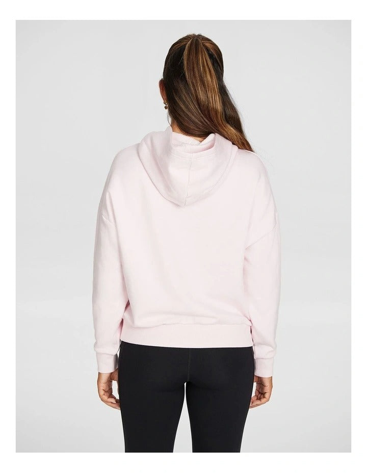 Rockwear Plush Fleece Hoodie in Pink Gin, women’s cozy fleece hoodie with relaxed fit, hip-length design, and soft fabric for comfort during workouts or casual wear.