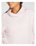 Rockwear Plush Fleece Hoodie in Pink Gin, women’s cozy fleece hoodie with relaxed fit, hip-length design, and soft fabric for comfort during workouts or casual wear.