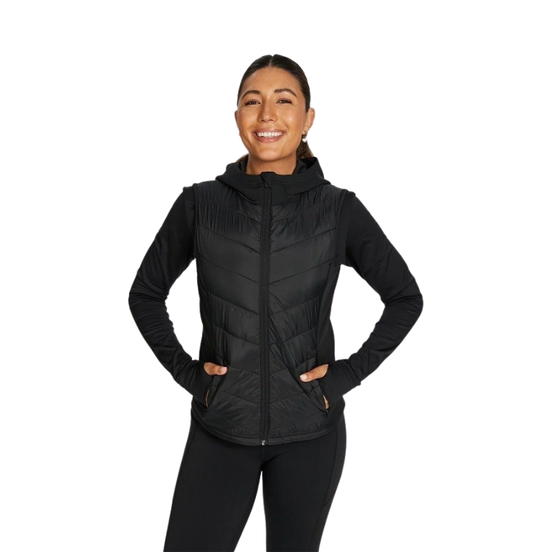 Rockwear Warm All Ways Vest in Black with cozy hood and chevron stitched panels.