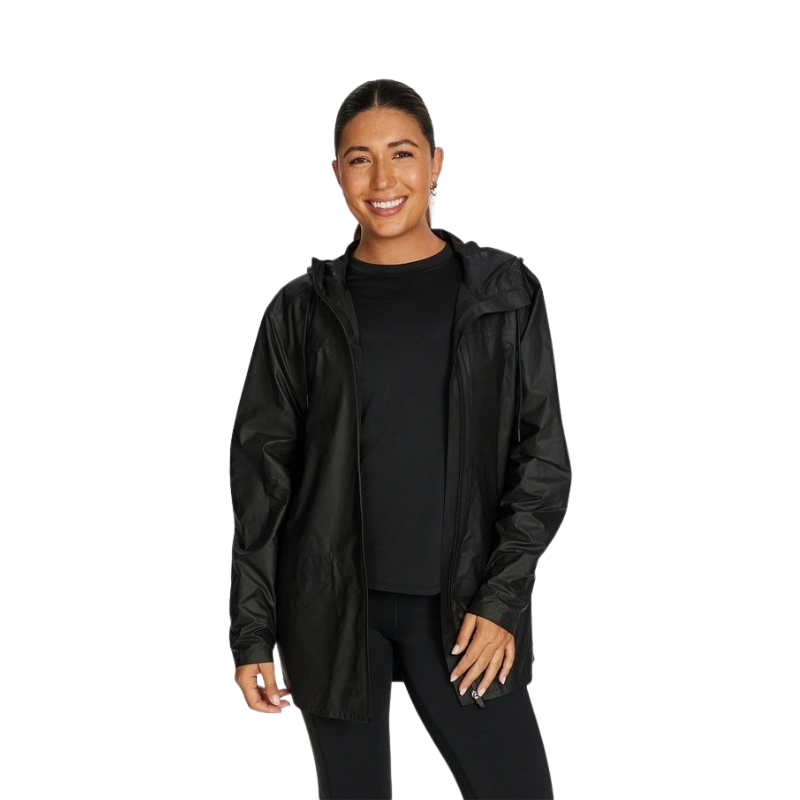 Rockwear Rain Jacket in Black, featuring a hood, Aquaguard zip, and snap close sleeve cuffs for weather protection.