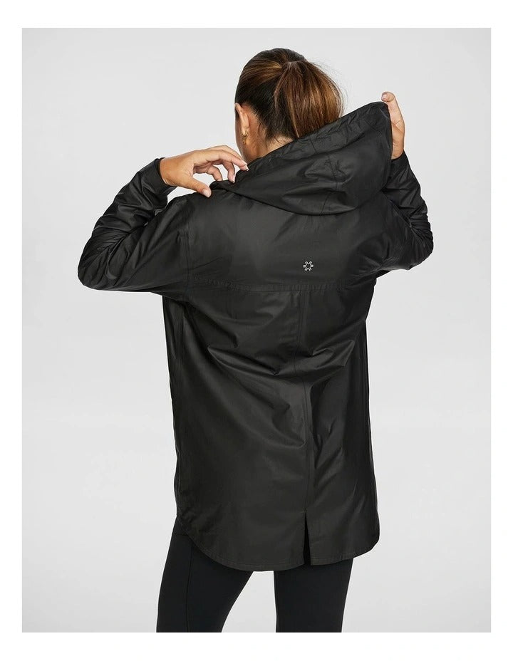 Rockwear Rain Jacket in Black, featuring a hood, Aquaguard zip, and snap close sleeve cuffs for weather protection.