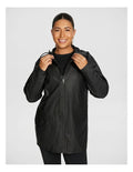 Rockwear Rain Jacket in Black, featuring a hood, Aquaguard zip, and snap close sleeve cuffs for weather protection.