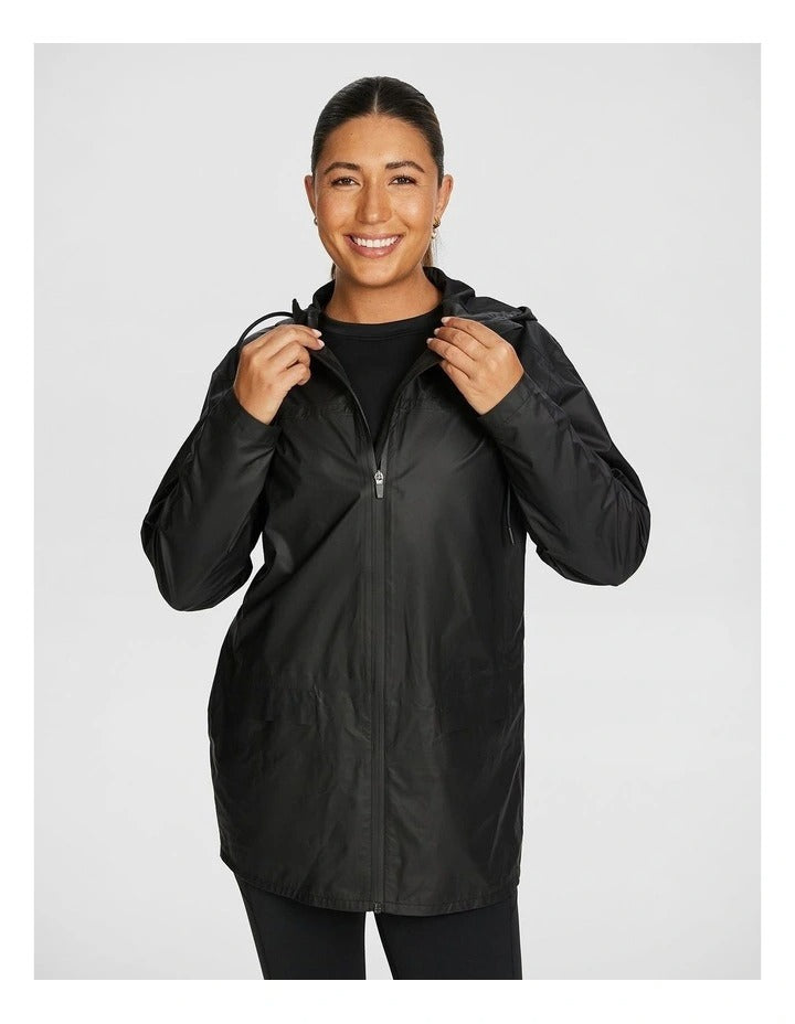Rockwear Rain Jacket in Black, featuring a hood, Aquaguard zip, and snap close sleeve cuffs for weather protection.