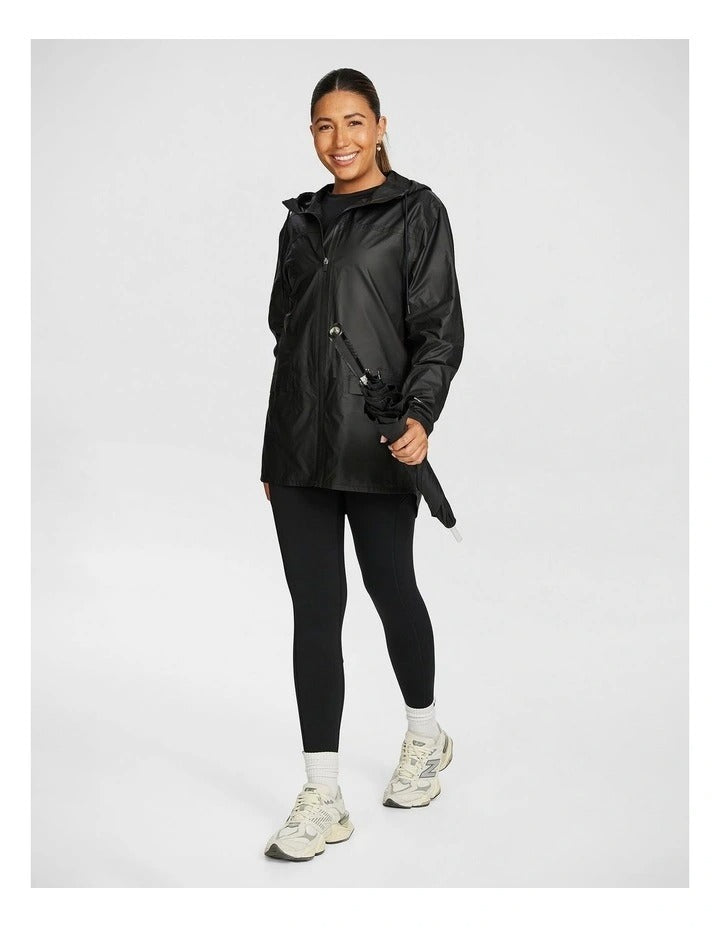 Rockwear Rain Jacket in Black, featuring a hood, Aquaguard zip, and snap close sleeve cuffs for weather protection.