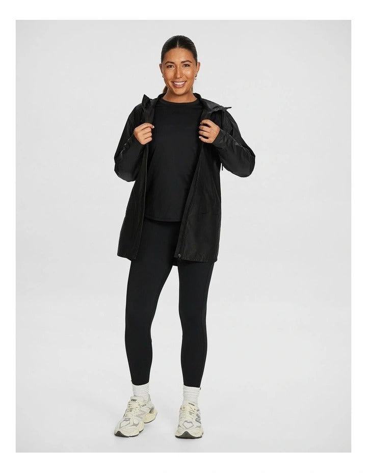 Rockwear Rain Jacket in Black, featuring a hood, Aquaguard zip, and snap close sleeve cuffs for weather protection.
