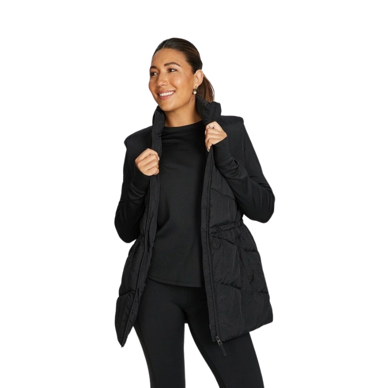 Black Longline Puffer Vest for Women by Rockwear – Adjustable Waist, Stand Collar, Full Zip, Side Phone Pockets