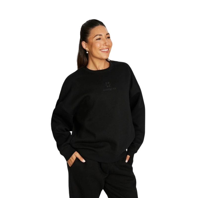 Rockwear Cosy Fleece Longline Crew Sweatshirt in Black offering full coverage and comfort.