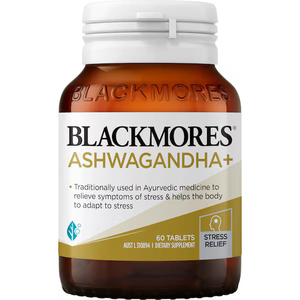 Blackmores Ashwagandha+ 60 pack, a dietary supplement designed to support stress management, mental clarity, and overall wellness with a blend of ashwagandha and other herbal ingredients in a convenient 60-capsule pack.