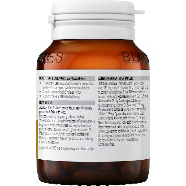 Blackmores Ashwagandha+ 60 pack, a dietary supplement designed to support stress management, mental clarity, and overall wellness with a blend of ashwagandha and other herbal ingredients in a convenient 60-capsule pack.