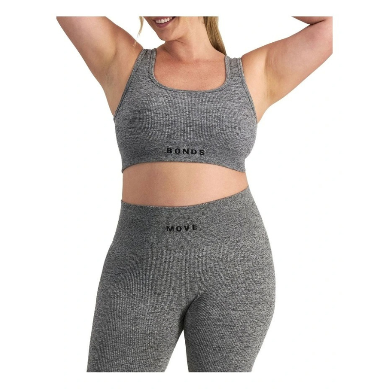 Move Rib Seamless Crop Bra with scoop neckline, removable cups, and ribbed stretch fabric for low impact support and comfort
