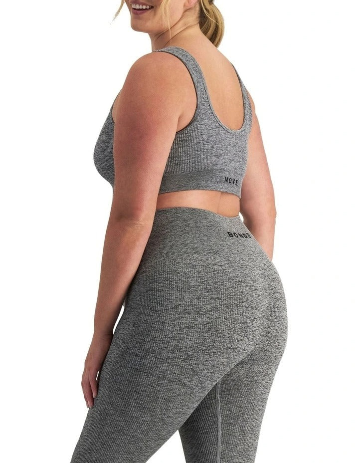 Move Rib Seamless Crop Bra with scoop neckline, removable cups, and ribbed stretch fabric for low impact support and comfort
