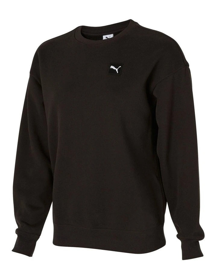 Black sweatshirt with a small logo on a white background