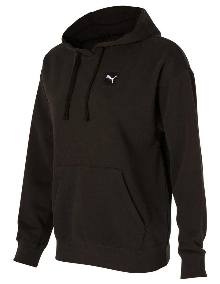 Black hoodie with a small logo on a white background