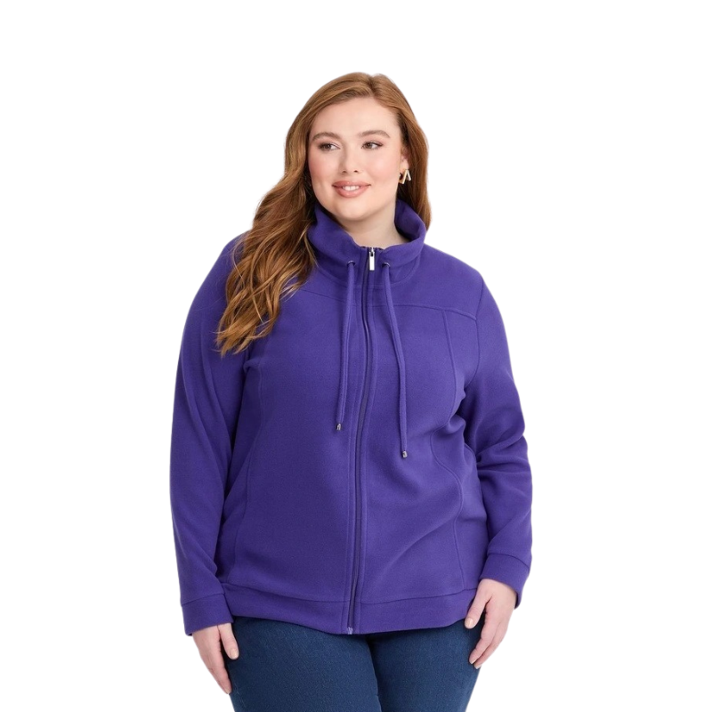 Taking Shape Polar Fleece Zip Front Jacket in Violet Blue – plus size women’s fleece jacket with zip closure, long sleeves, and cord neckline