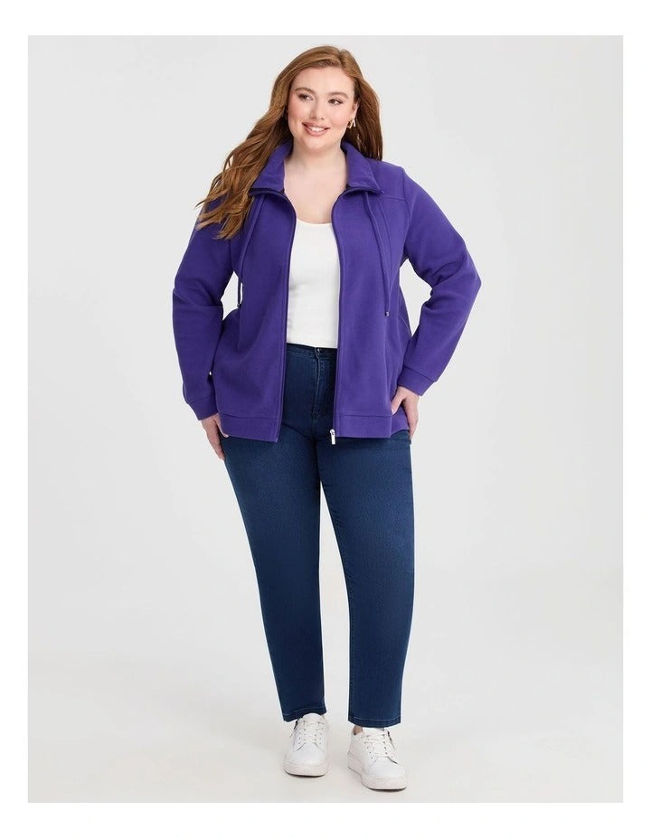 Taking Shape Polar Fleece Zip Front Jacket in Violet Blue – plus size women’s fleece jacket with zip closure, long sleeves, and cord neckline