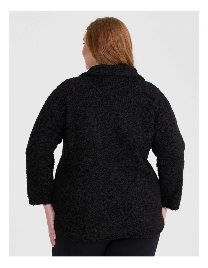Taking Shape Teddy Zip Through Jacket in Black for women – plus size cosy teddy coat with front zip and high neckline