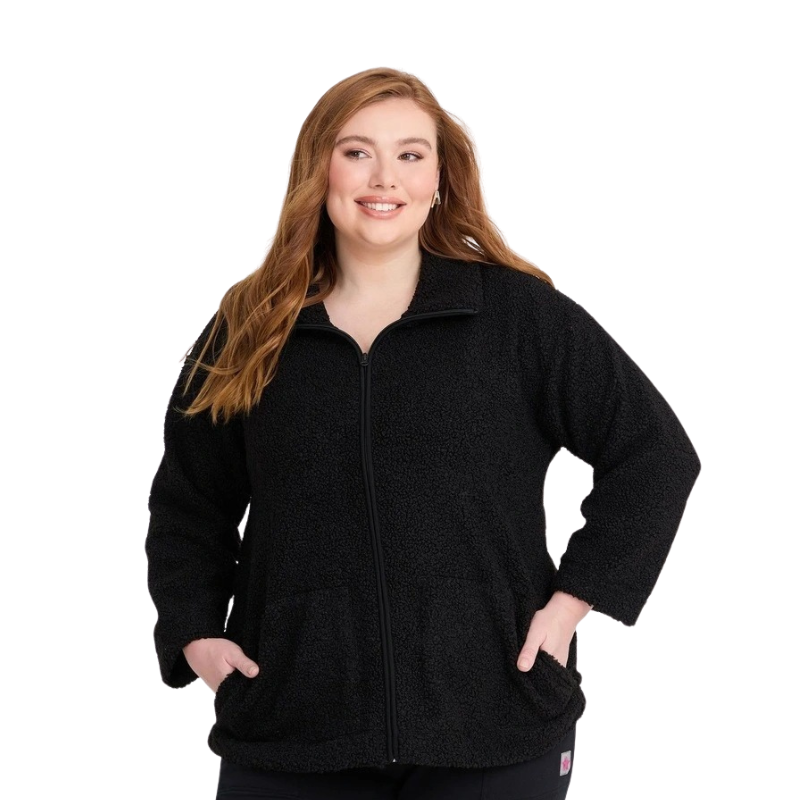 Taking Shape Teddy Zip Through Jacket in Black for women – plus size cosy teddy coat with front zip and high neckline