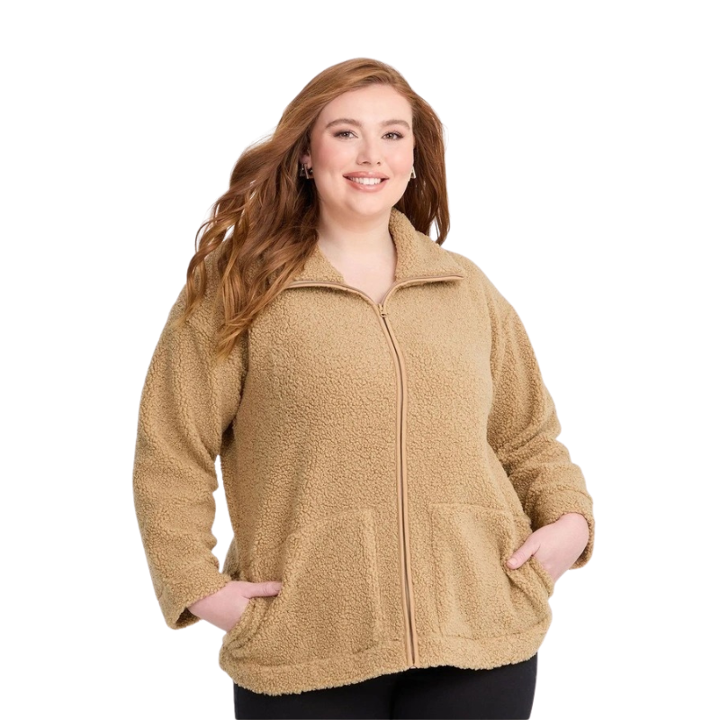 Taking Shape Teddy Zip Through Jacket in Camel – plus size women’s long sleeve teddy textured jacket with zip front and pockets