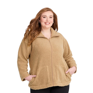 Taking Shape Teddy Zip Through Jacket in Camel – plus size women’s long sleeve teddy textured jacket with zip front and pockets