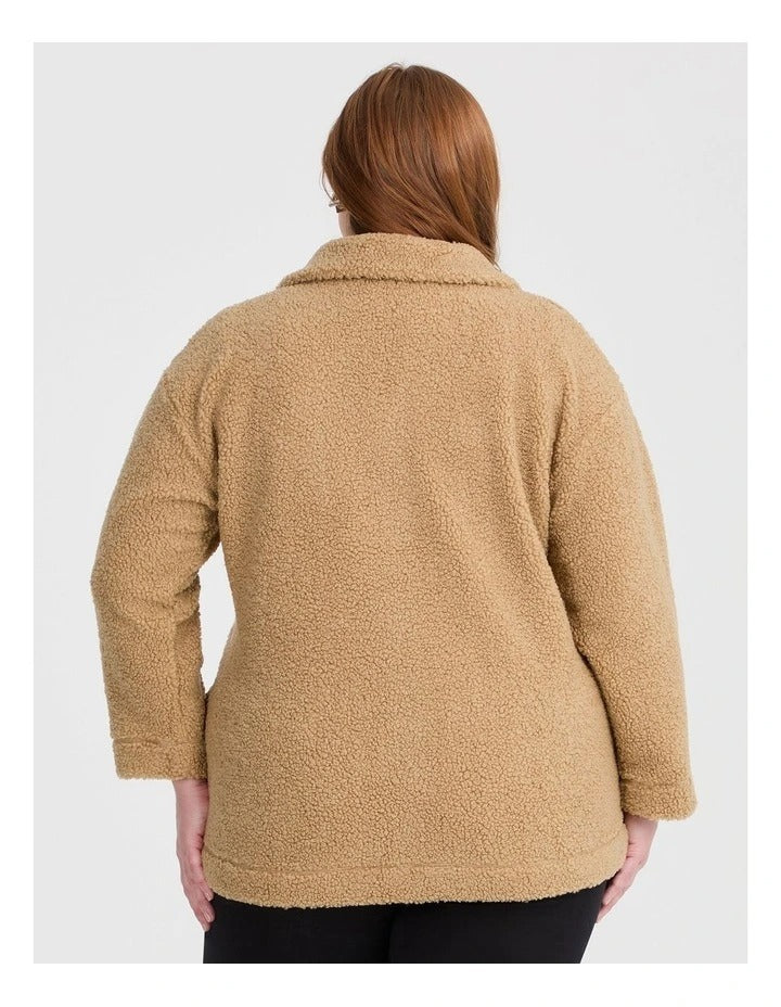 Taking Shape Teddy Zip Through Jacket in Camel – plus size women’s long sleeve teddy textured jacket with zip front and pockets