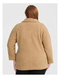 Taking Shape Teddy Zip Through Jacket in Camel – plus size women’s long sleeve teddy textured jacket with zip front and pockets