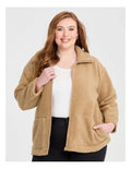 Taking Shape Teddy Zip Through Jacket in Camel – plus size women’s long sleeve teddy textured jacket with zip front and pockets