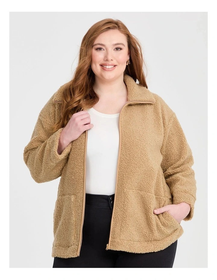 Taking Shape Teddy Zip Through Jacket in Camel – plus size women’s long sleeve teddy textured jacket with zip front and pockets
