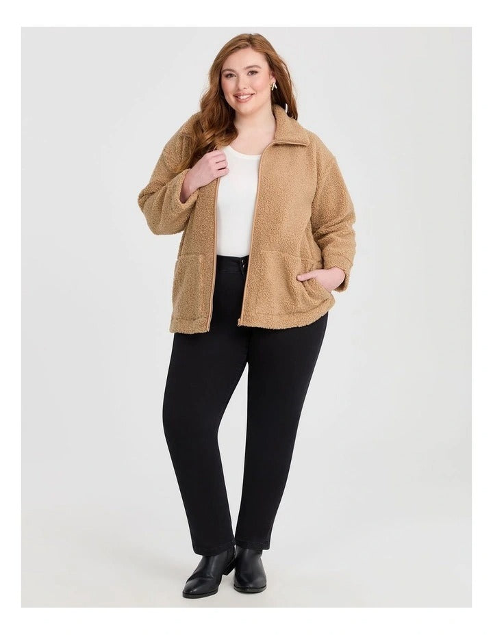 Taking Shape Teddy Zip Through Jacket in Camel – plus size women’s long sleeve teddy textured jacket with zip front and pockets